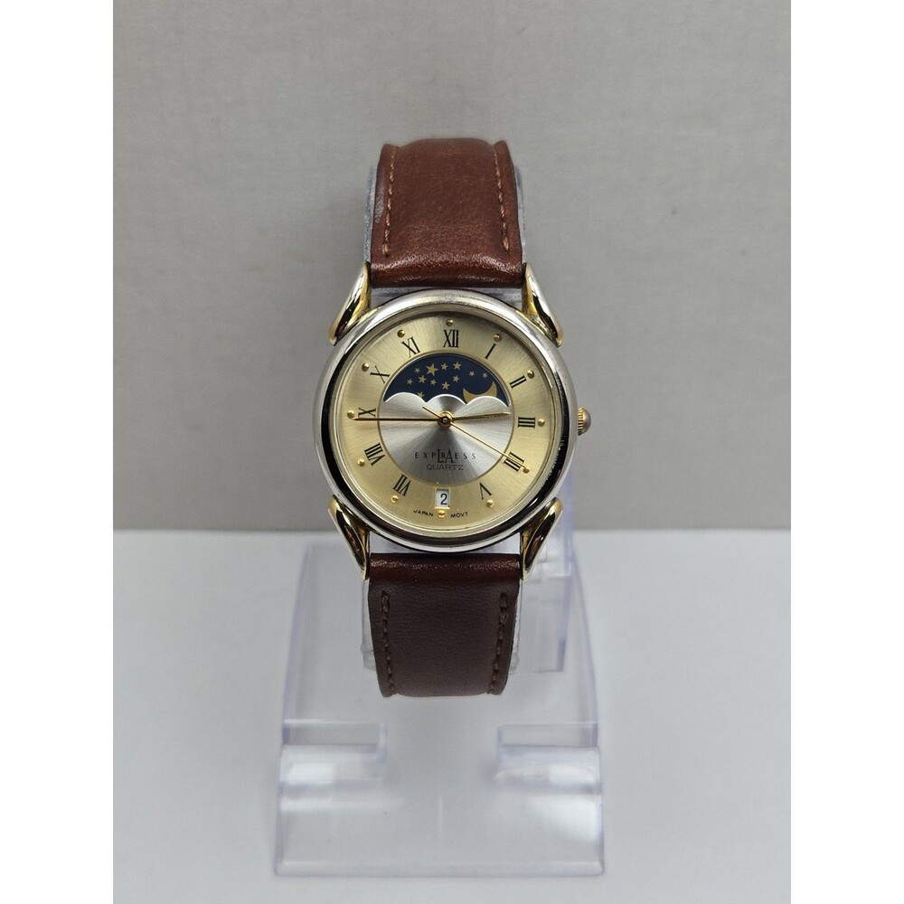Vintage LA Express LAX854 Moon Phase Date 31mm Watch Leather Dress New Battery